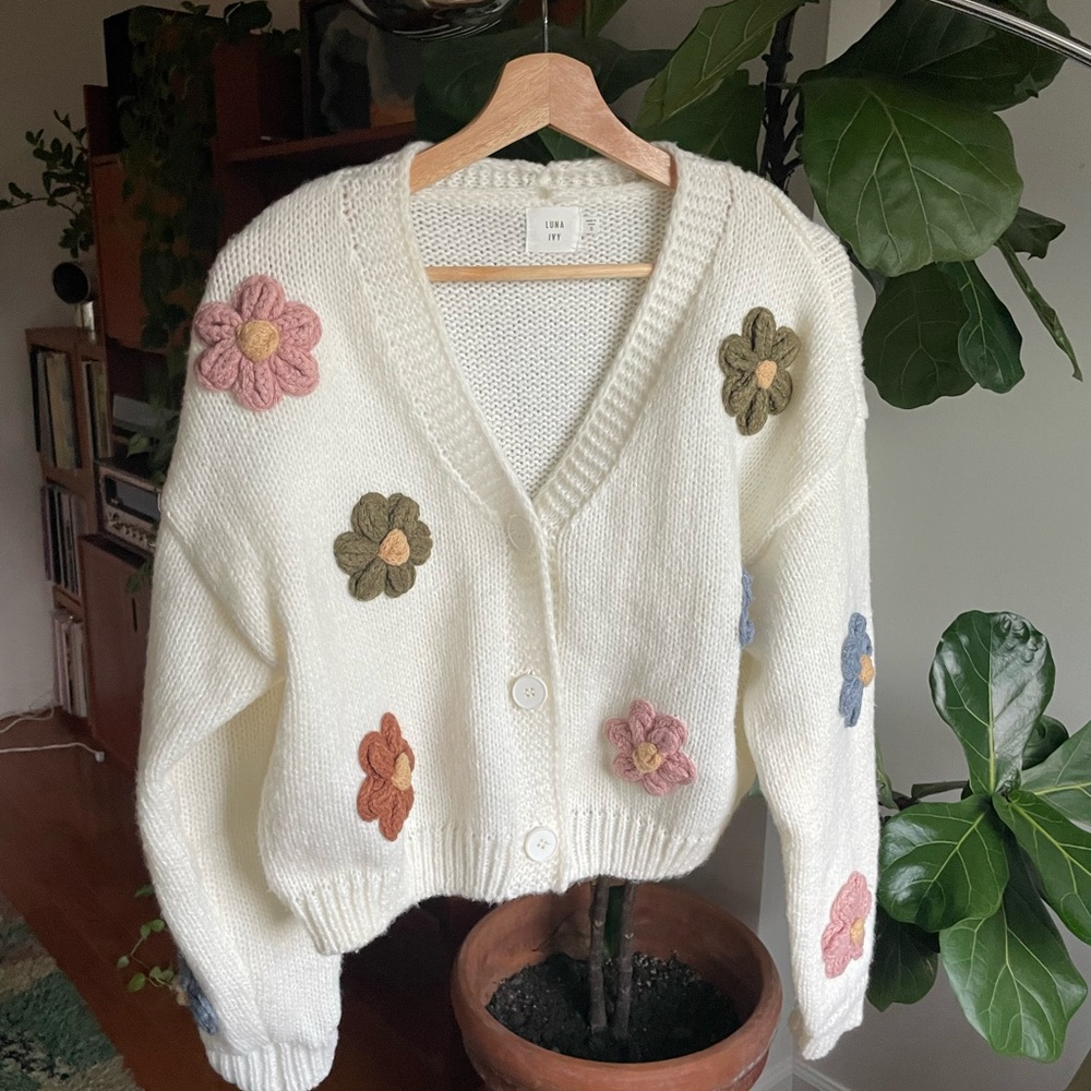 Luna Ivy Knit Cardigan Sweater with Flowers